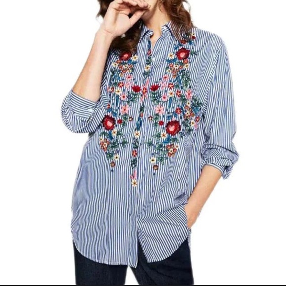 Zara oversized poplin stripe embroidery floral shirt - Picture 7 of 11
